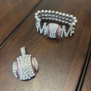 Baseball Mom Silver and Red Crystal Jewelry Set - bracelet & pendent